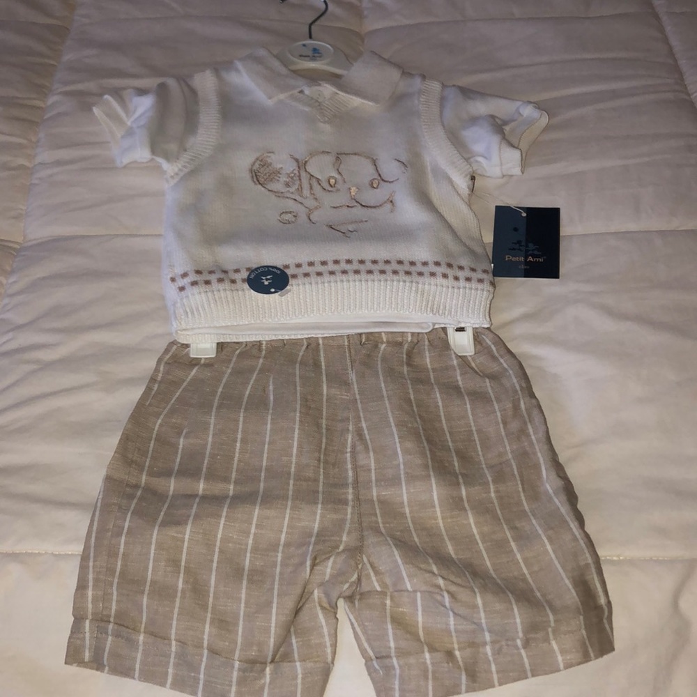 Boys Polo Sweater Vest w striped shorts